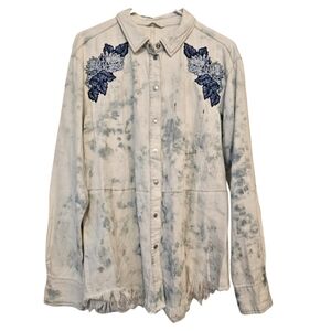 One Size Fits Most button up tie dye embroidered frayed top. OS